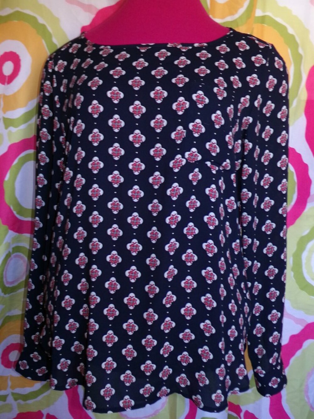 Ann Taylor LOFT Navy Floral Print Long Sleeve Blouse Sz M